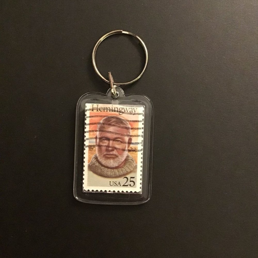 Hemingway Keychain - Upcycled Recycled Postage Stamp Key Chain